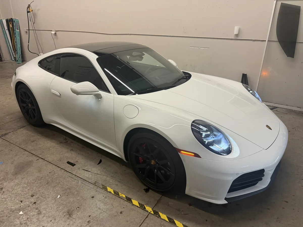 Tinted Porsche 911 photographed after a window tint installation
